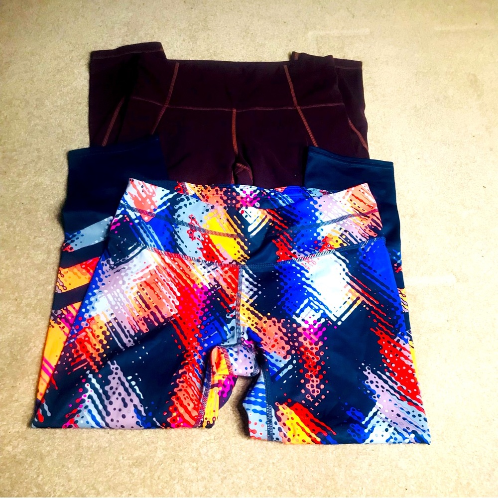 Lot Of 2 Athleta Women's High Waist Leggings Lava Sonar Multicolored& Burgundy S
